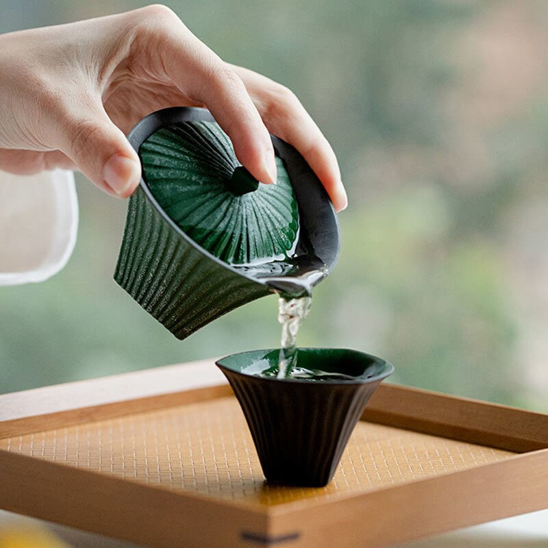 80ml Retro Snow Point Pine Green Ceramic Tea Tureen Creative Stripe Ercai Tea Bowl With Cover Tea Maker Gaiwan Kung Fu Tea Set acacuss