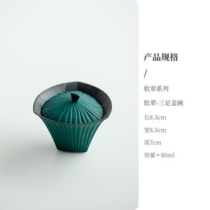 80ml Retro Snow Point Pine Green Ceramic Tea Tureen Creative Stripe Ercai Tea Bowl With Cover Tea Maker Gaiwan Kung Fu Tea Set acacuss