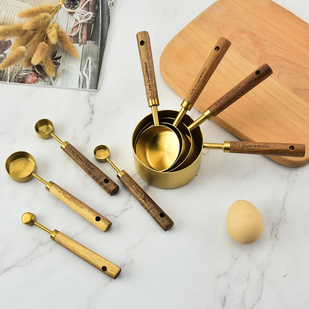 8PCS, Measuring Cups And Spoons, Golden Stainless Steel Measuring Cups With Wooden Handles acacuss