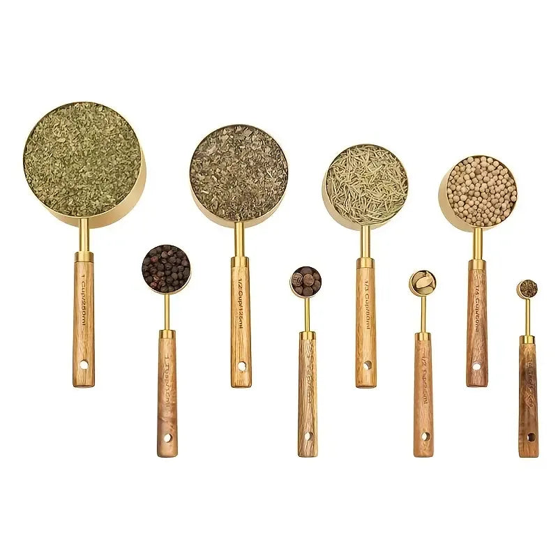 8PCS, Measuring Cups And Spoons, Golden Stainless Steel Measuring Cups With Wooden Handles acacuss