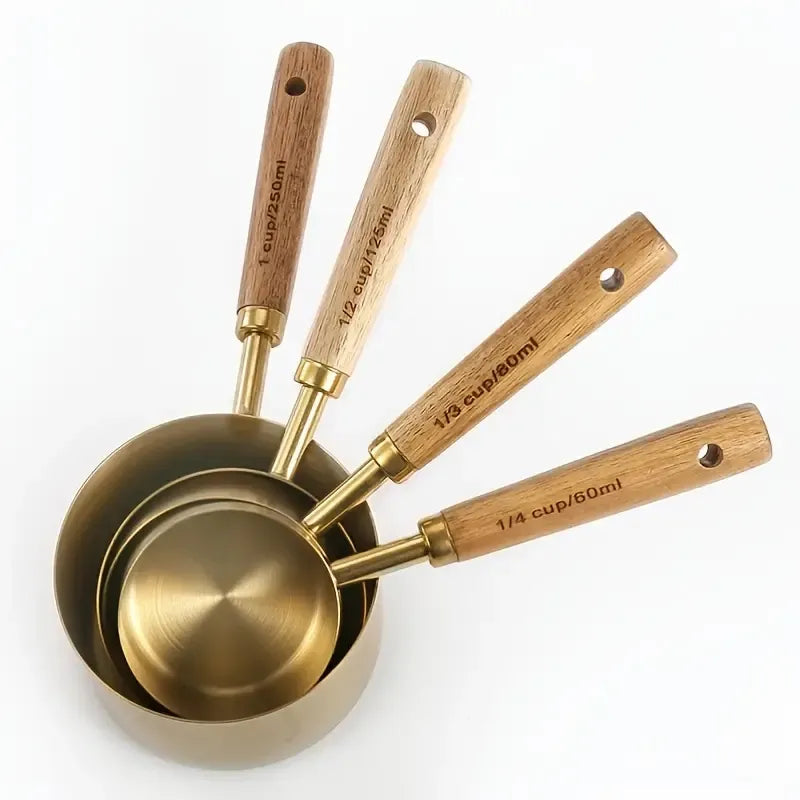 8PCS, Measuring Cups And Spoons, Golden Stainless Steel Measuring Cups With Wooden Handles acacuss