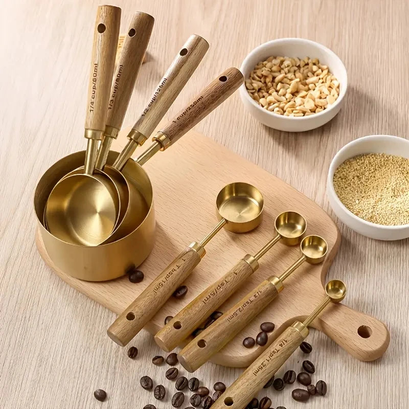 8PCS, Measuring Cups And Spoons, Golden Stainless Steel Measuring Cups With Wooden Handles acacuss