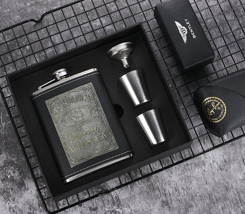 8oz Whisky Bottle Stainless Steel Alcohol Funnel Hip Flask Embroidered Golden Silk Textile Wrapping Gift Box Set acacuss