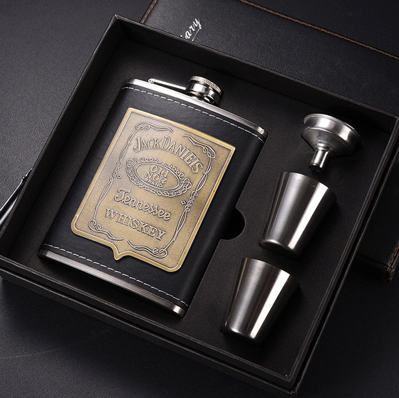 8oz Whisky Bottle Stainless Steel Alcohol Funnel Hip Flask Embroidered Golden Silk Textile Wrapping Gift Box Set acacuss