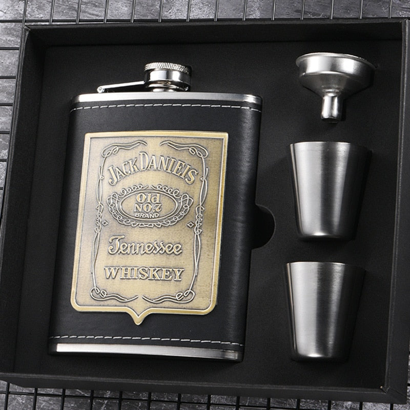 8oz Whisky Bottle Stainless Steel Alcohol Funnel Hip Flask Embroidered Golden Silk Textile Wrapping Gift Box Set acacuss