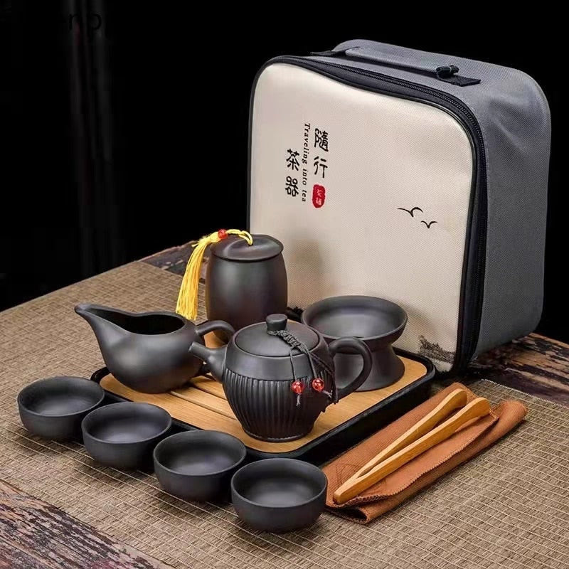 9 Pcs Set Teawere Retro Designer Cool Purple Sand Ceramic Teapot Set Travel Kong Fu Tea Kit Porcelain Purple Sand Pot Infuser acacuss