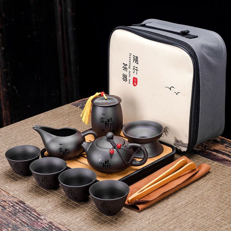 9 Pcs Set Teawere Retro Designer Cool Purple Sand Ceramic Teapot Set Travel Kong Fu Tea Kit Porcelain Purple Sand Pot Infuser acacuss