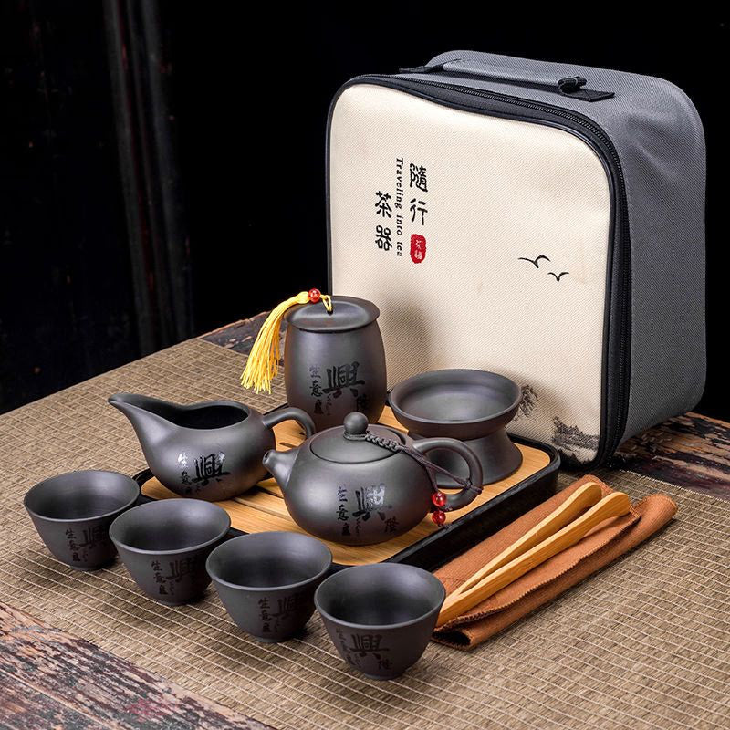 9 Pcs Set Teawere Retro Designer Cool Purple Sand Ceramic Teapot Set Travel Kong Fu Tea Kit Porcelain Purple Sand Pot Infuser acacuss