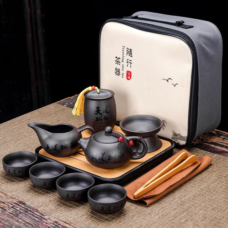 9 Pcs Set Teawere Retro Designer Cool Purple Sand Ceramic Teapot Set Travel Kong Fu Tea Kit Porcelain Purple Sand Pot Infuser acacuss