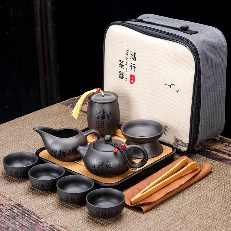 9 Pcs Set Teawere Retro Designer Cool Purple Sand Ceramic Teapot Set Travel Kong Fu Tea Kit Porcelain Purple Sand Pot Infuser acacuss