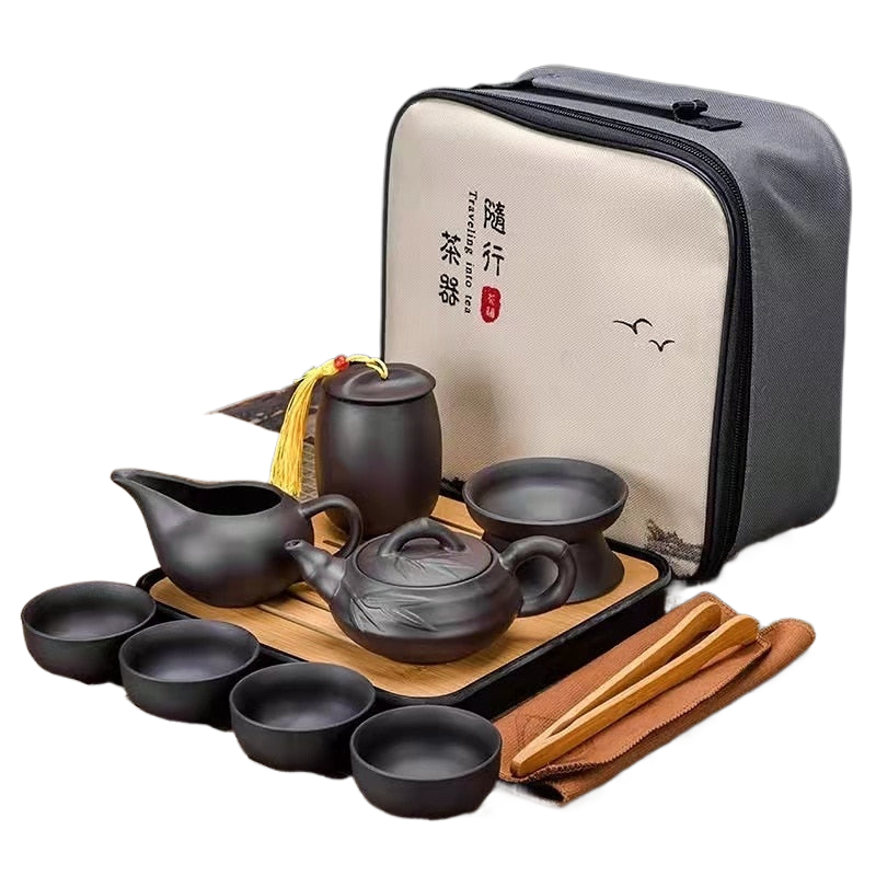 9 Pcs Set Teawere Retro Designer Cool Purple Sand Ceramic Teapot Set Travel Kong Fu Tea Kit Porcelain Purple Sand Pot Infuser acacuss