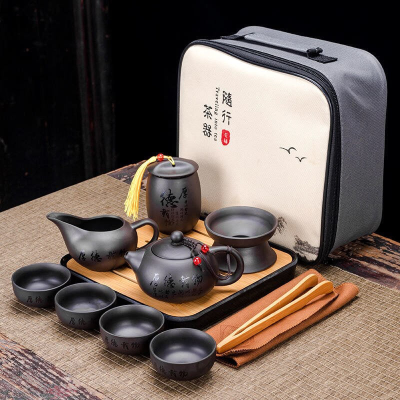 9 Pcs Set Teawere Retro Designer Cool Purple Sand Ceramic Teapot Set Travel Kong Fu Tea Kit Porcelain Purple Sand Pot Infuser acacuss