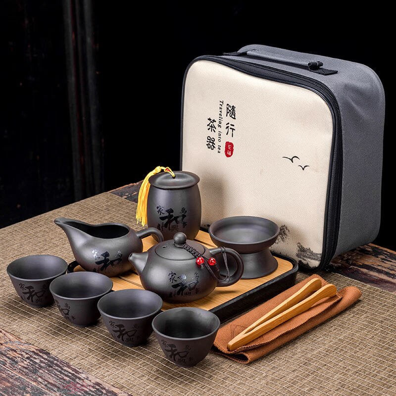 9 Pcs Set Teawere Retro Designer Cool Purple Sand Ceramic Teapot Set Travel Kong Fu Tea Kit Porcelain Purple Sand Pot Infuser acacuss