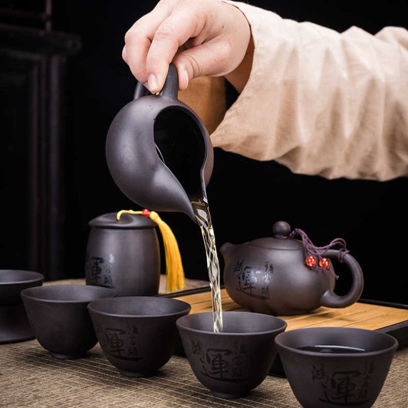 9 Pcs Set Teawere Retro Designer Cool Purple Sand Ceramic Teapot Set Travel Kong Fu Tea Kit Porcelain Purple Sand Pot Infuser acacuss