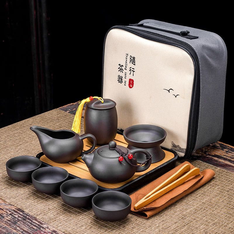 9 Pcs Set Teawere Retro Designer Cool Purple Sand Ceramic Teapot Set Travel Kong Fu Tea Kit Porcelain Purple Sand Pot Infuser acacuss