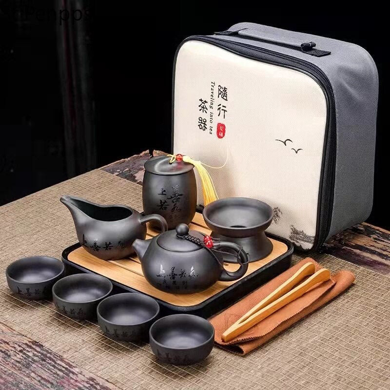 9 Pcs Set Teawere Retro Designer Cool Purple Sand Ceramic Teapot Set Travel Kong Fu Tea Kit Porcelain Purple Sand Pot Infuser acacuss