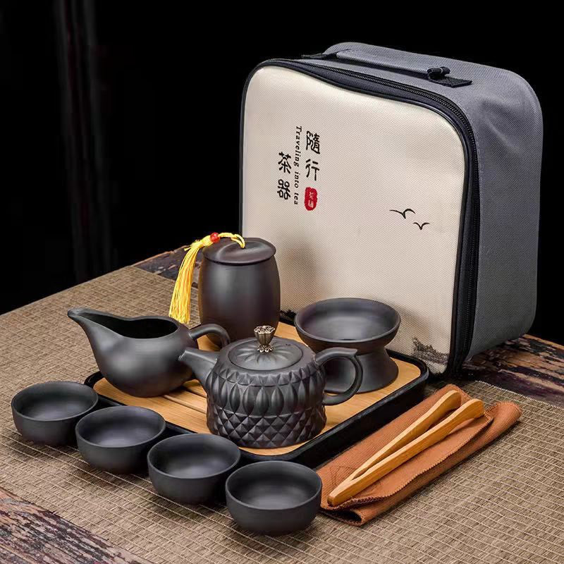 9 Pcs Set Teawere Retro Designer Cool Purple Sand Ceramic Teapot Set Travel Kong Fu Tea Kit Porcelain Purple Sand Pot Infuser acacuss