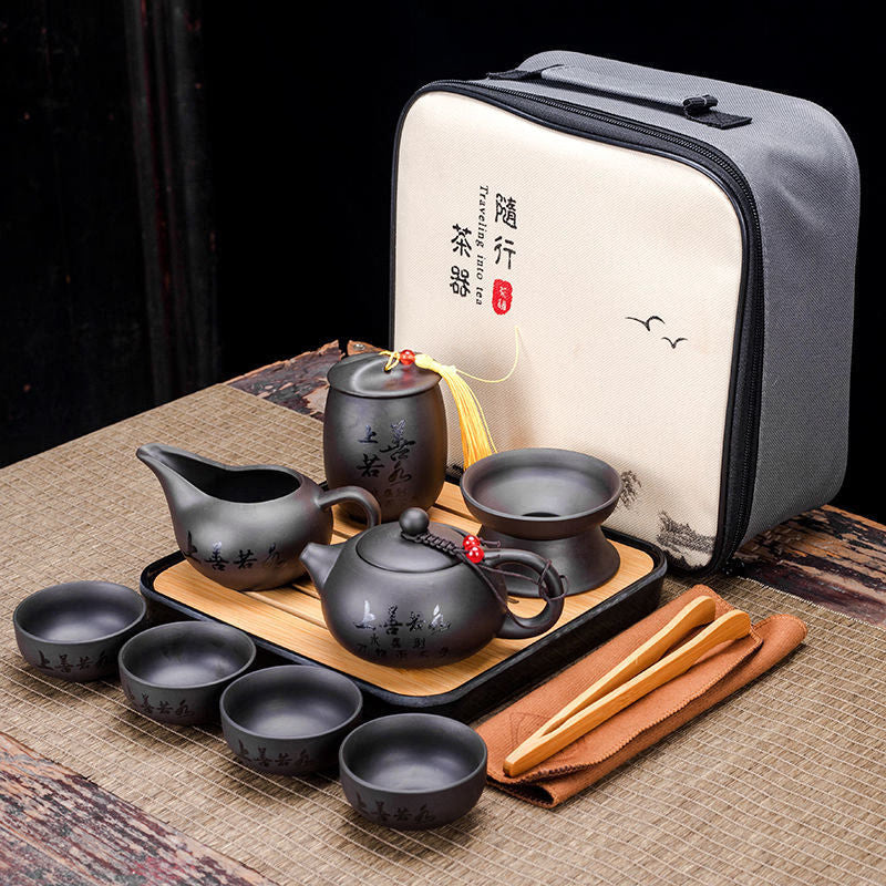 9 Pcs Set Teawere Retro Designer Cool Purple Sand Ceramic Teapot Set Travel Kong Fu Tea Kit Porcelain Purple Sand Pot Infuser acacuss