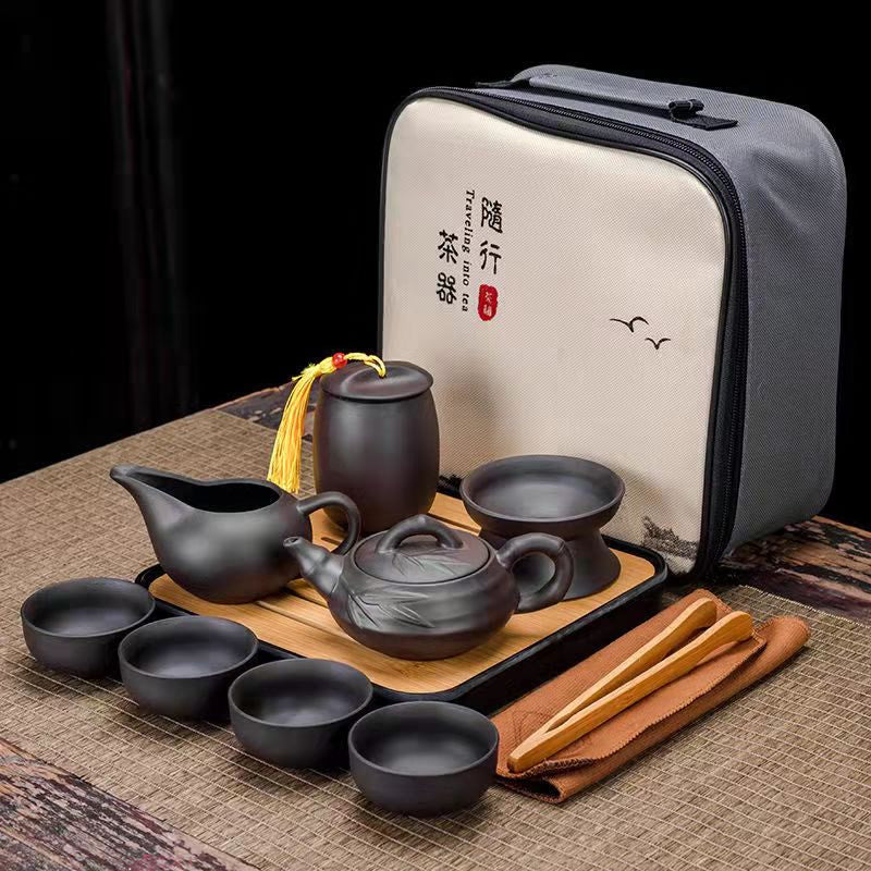 9 Pcs Set Teawere Retro Designer Cool Purple Sand Ceramic Teapot Set Travel Kong Fu Tea Kit Porcelain Purple Sand Pot Infuser acacuss