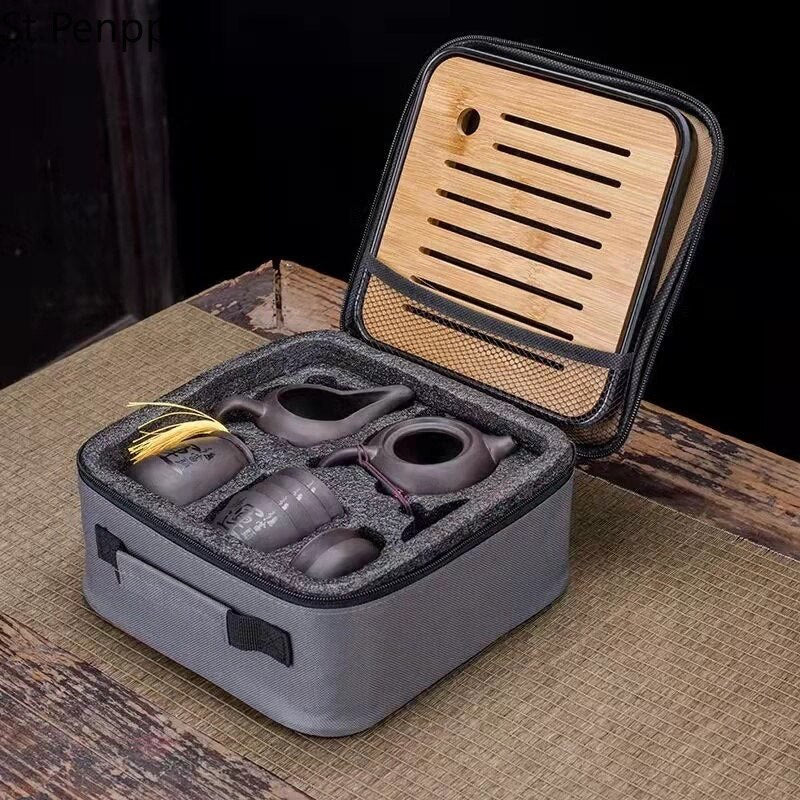 9 Pcs Set Teawere Retro Designer Cool Purple Sand Ceramic Teapot Set Travel Kong Fu Tea Kit Porcelain Purple Sand Pot Infuser acacuss