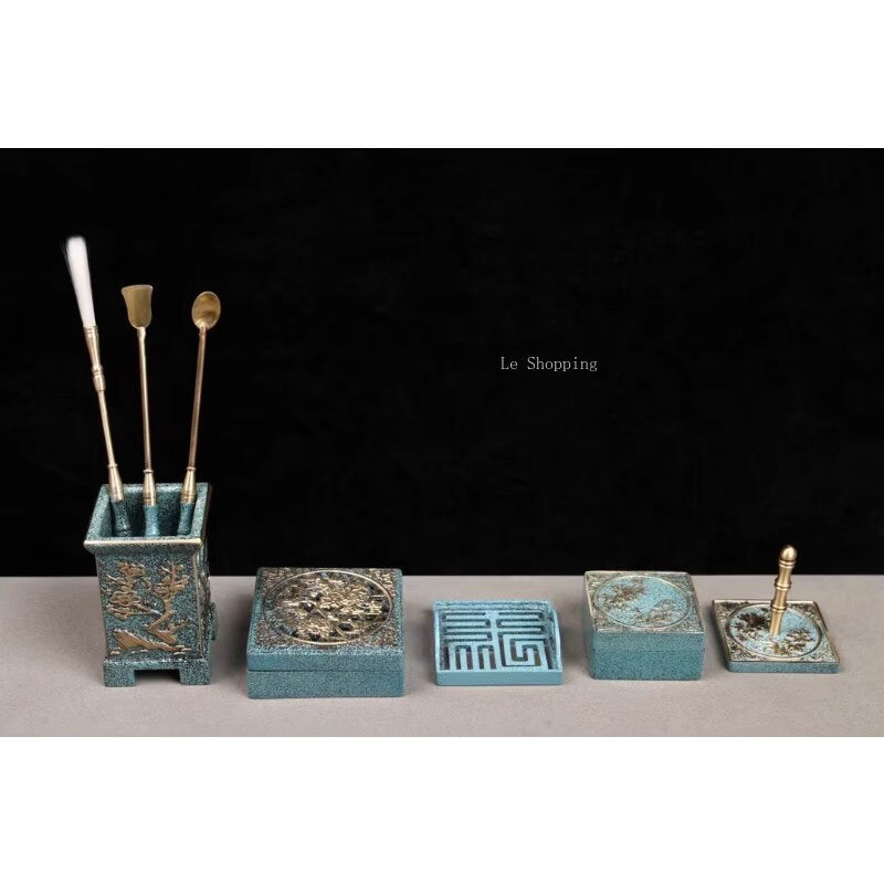 9 Pieces COPPER BURNING Blue Suit Family Bedroom Incense Burner/Seal/Sweep/Press/Scoop/Shovel Aromatherapy Tools and Supplies acacuss