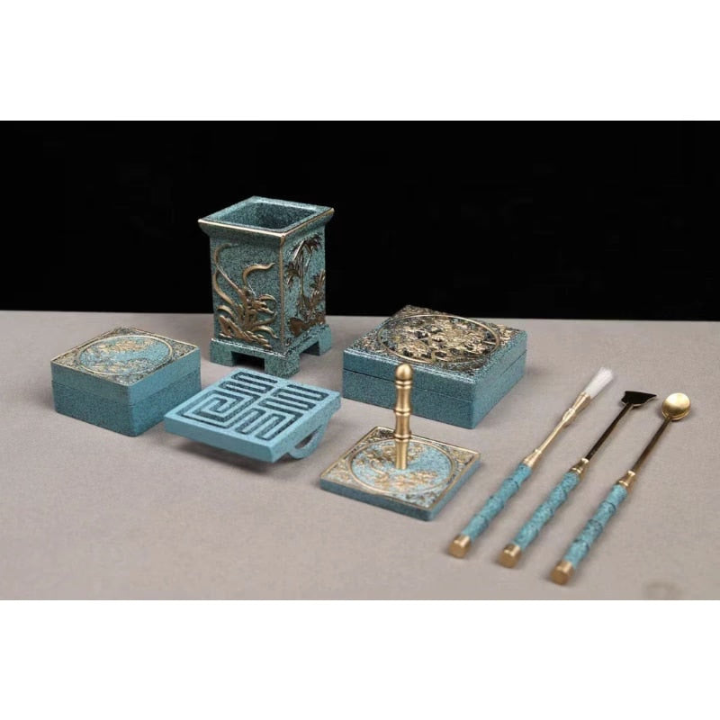 9 Pieces COPPER BURNING Blue Suit Family Bedroom Incense Burner/Seal/Sweep/Press/Scoop/Shovel Aromatherapy Tools and Supplies acacuss