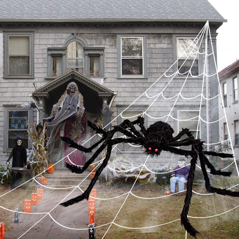 90/150/200cm Black Scary Giant Spider Huge Spiders Web Halloween Decoration Props Haunted House Holiday Outdoor Giant Decoration acacuss