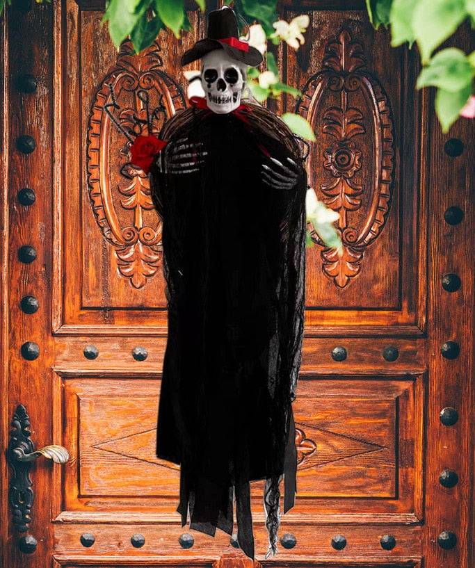 90cm Halloween Hanging Skull Black White Rattan Wreath Haunted House Props Horror Party Halloween Decoration Home Outdoor 2022 acacuss