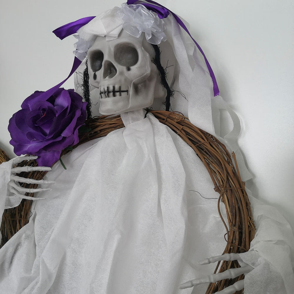 90cm Halloween Hanging Skull Black White Rattan Wreath Haunted House Props Horror Party Halloween Decoration Home Outdoor 2022 acacuss