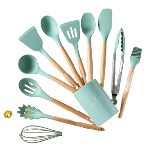 12Pcs/Set Wooden Handle Silicone Kitchen Utensils With Storage Bucket High Temperature Resistant And Non Stick Pot Spatula Spoon acacuss