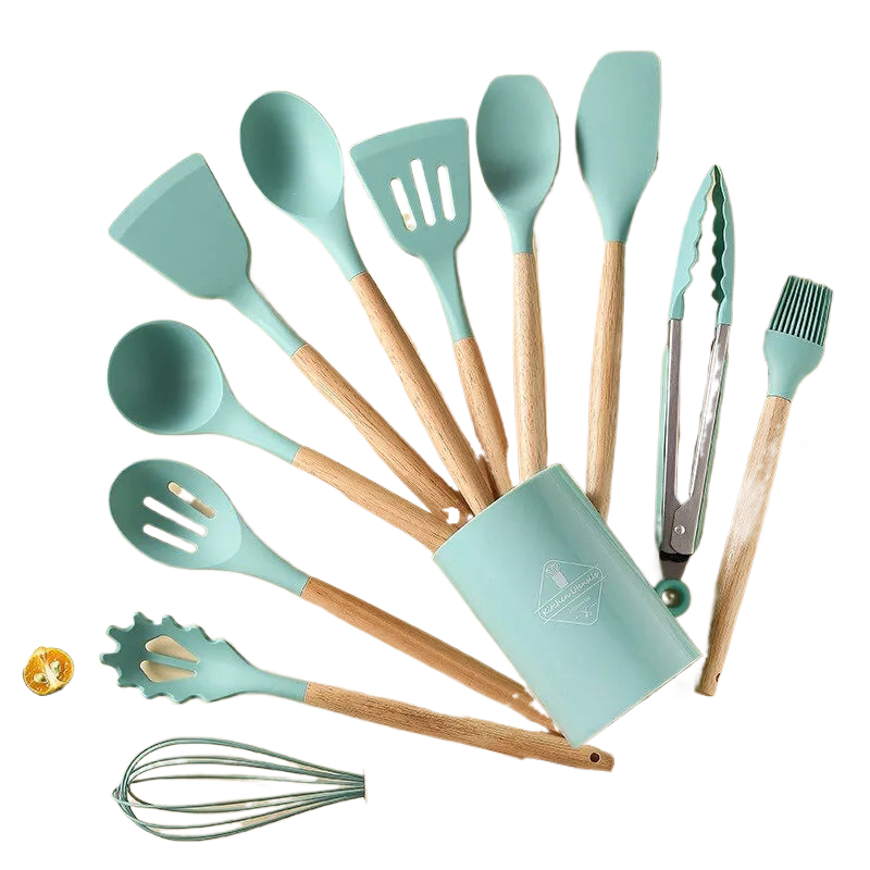 12Pcs/Set Wooden Handle Silicone Kitchen Utensils With Storage Bucket High Temperature Resistant And Non Stick Pot Spatula Spoon acacuss