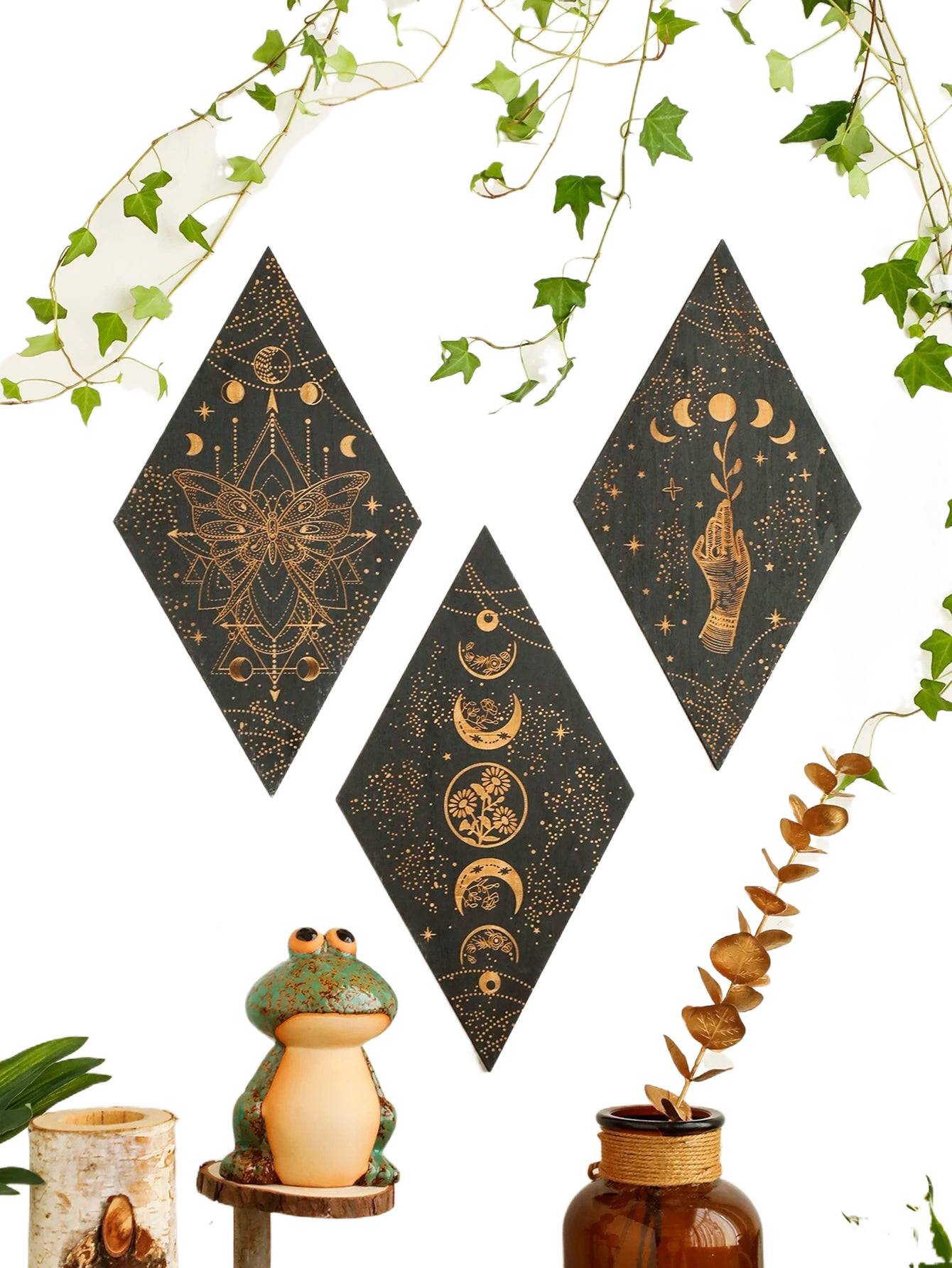 Black Moon Phase Wooden Wall Decor Rhomboid Wall Art Boho Home Decoration Witch Wall Hanging Decor Room Decors Aesthetic Gift acacuss