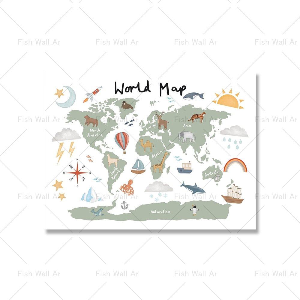 Nordic Funny Pink World Map Canvas Lukisan Poster Nurser
