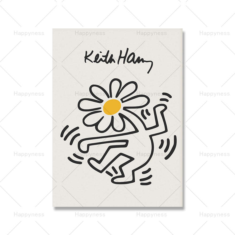 Keith druckt gelbe Farbe Pop-Art-Druck Poster Finger tanzende Blumen Leinwand Malerei abstrakte Wand Bild für Schlafzimmer Dekor 