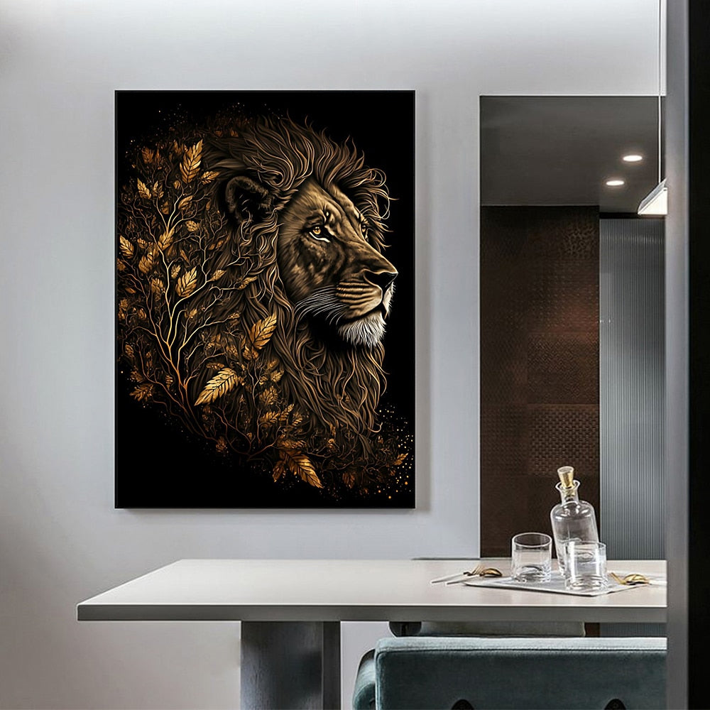 Abstract Black Gold Animal Canvas Painting Owl Tiger Lion Wolf Eagle Zebra Bull Posters Wall Art Pictures for Room Home Decor acacuss