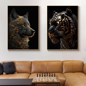 Abstract Black Gold Animal Canvas Painting Owl Tiger Lion Wolf Eagle Zebra Bull Posters Wall Art Pictures for Room Home Decor acacuss