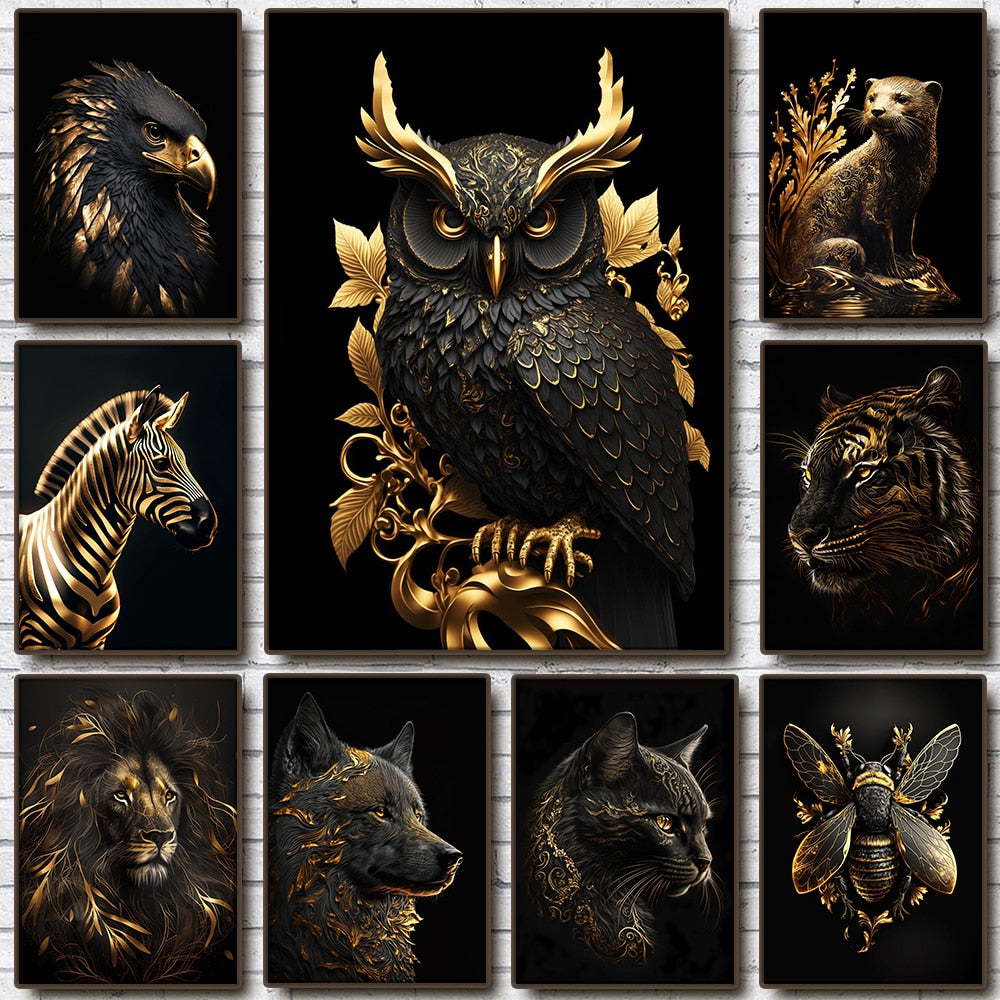 Abstract Black Gold Animal Canvas Painting Owl Tiger Lion Wolf Eagle Zebra Bull Posters Wall Art Pictures for Room Home Decor acacuss