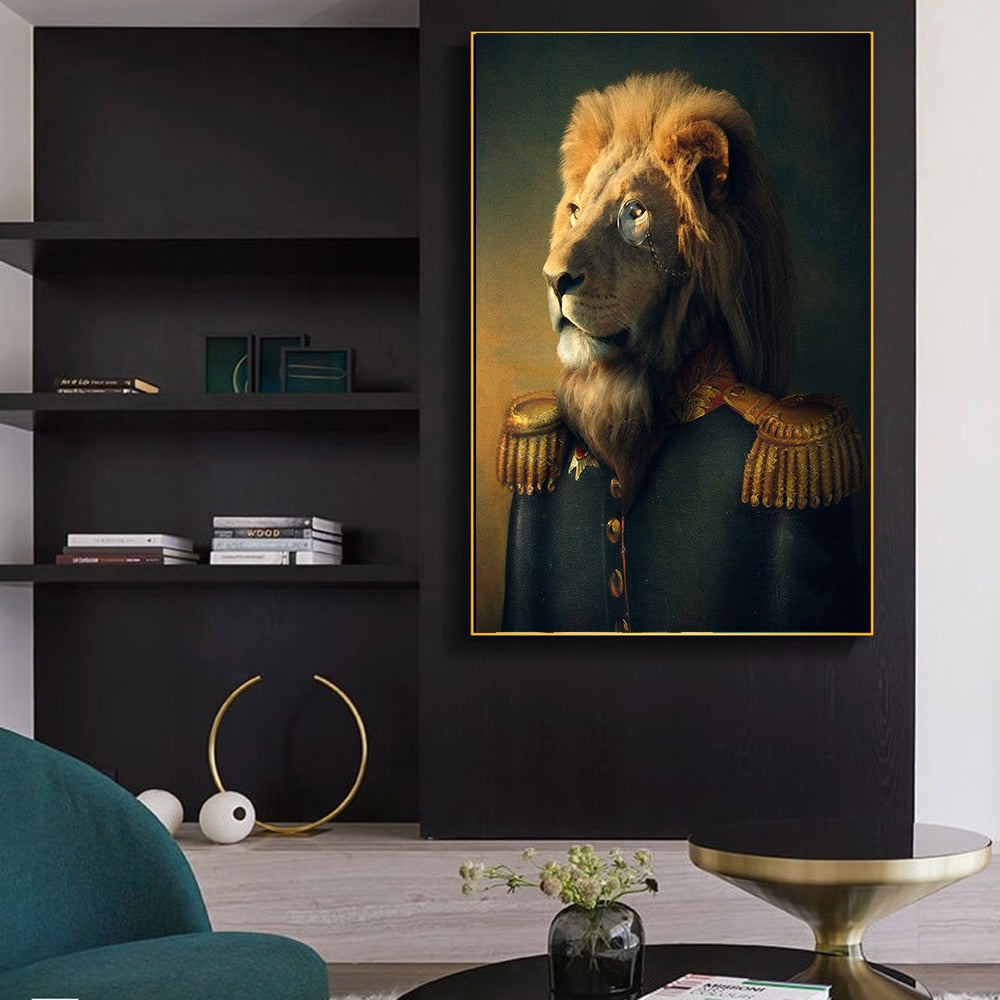 Abstract Lion in Military Uniform Canvas Paintings On the Wall Art Posters And Prints Funny Art Animals Picture Home Decoration acacuss