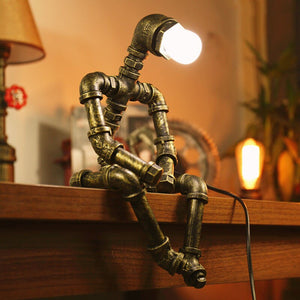 American SteamPunk Table Light Robot Table Lamp Vintage Loft Iron Pipe Desk Lamp Industrial Led Table Lamps Bedside Cafe Indoor Retro Decor acacuss