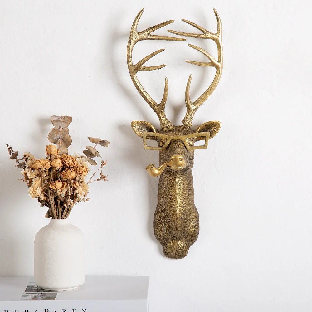 Antique Bronze Resin Animal Pendant Golden Deer Head Wall Storage Hook Up Background Wall Accessories Decorative Figurines acacuss