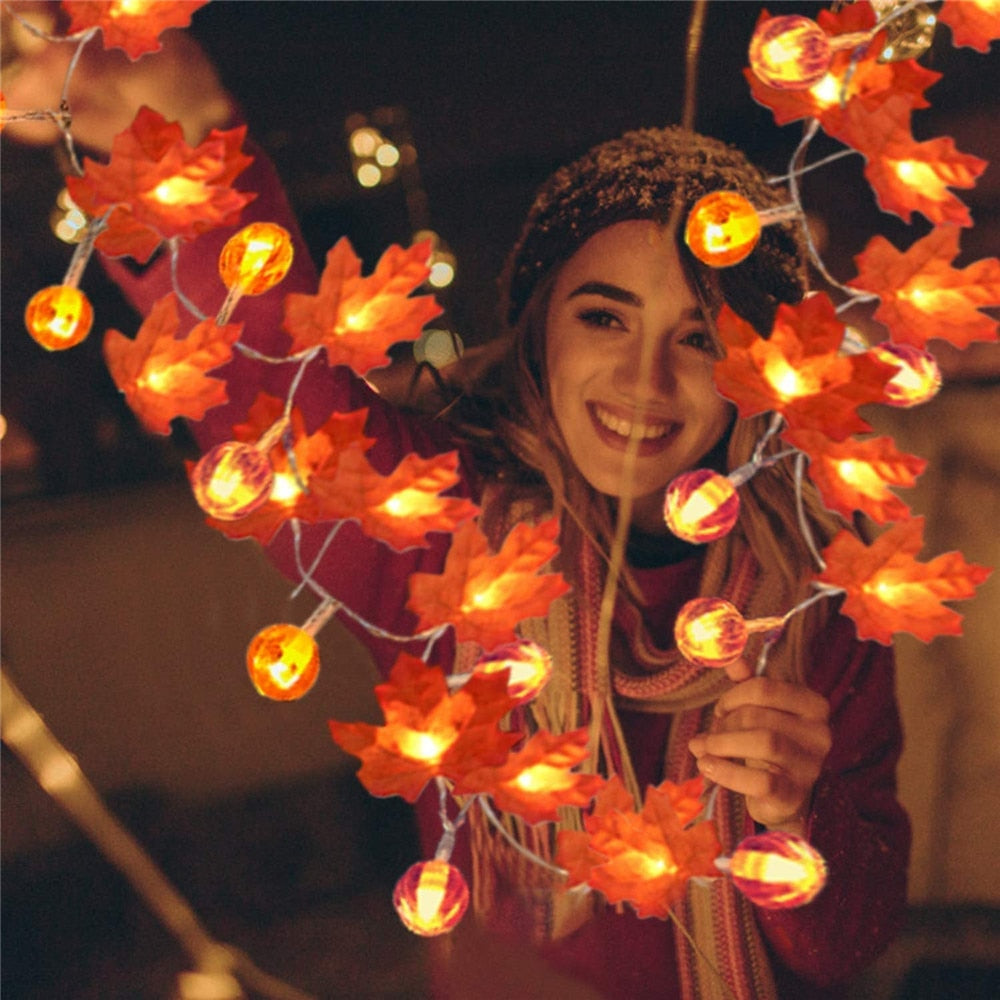 Artificial Autumn Maple Leaves Pumpkin Garland Led Fairy Lights for Christmas Decoration Thanksgiving Party DIY Halloween Decor acacuss