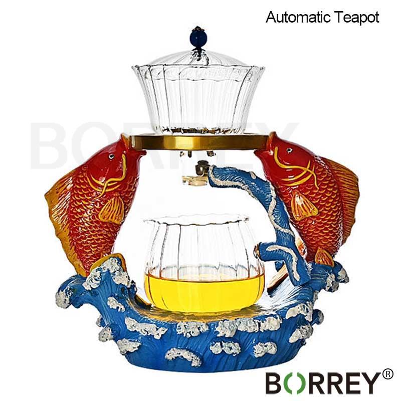 BORREY Heat-resistant Kungfu Tea Set Heater Magnetic Water Diversion Rotating Cover Bowl Lazy Semi-Automatic Fish Glass Teapot acacuss