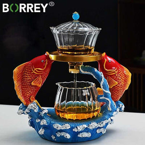 BORREY Heat-resistant Kungfu Tea Set Heater Magnetic Water Diversion Rotating Cover Bowl Lazy Semi-Automatic Fish Glass Teapot acacuss