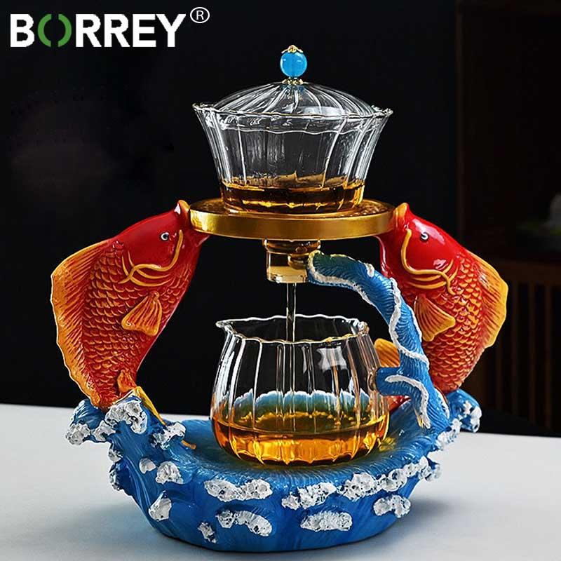 BORREY Heat-resistant Kungfu Tea Set Heater Magnetic Water Diversion Rotating Cover Bowl Lazy Semi-Automatic Fish Glass Teapot acacuss