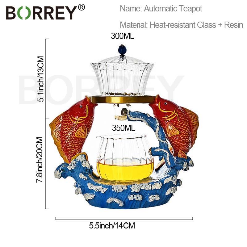 BORREY Heat-resistant Kungfu Tea Set Heater Magnetic Water Diversion Rotating Cover Bowl Lazy Semi-Automatic Fish Glass Teapot acacuss