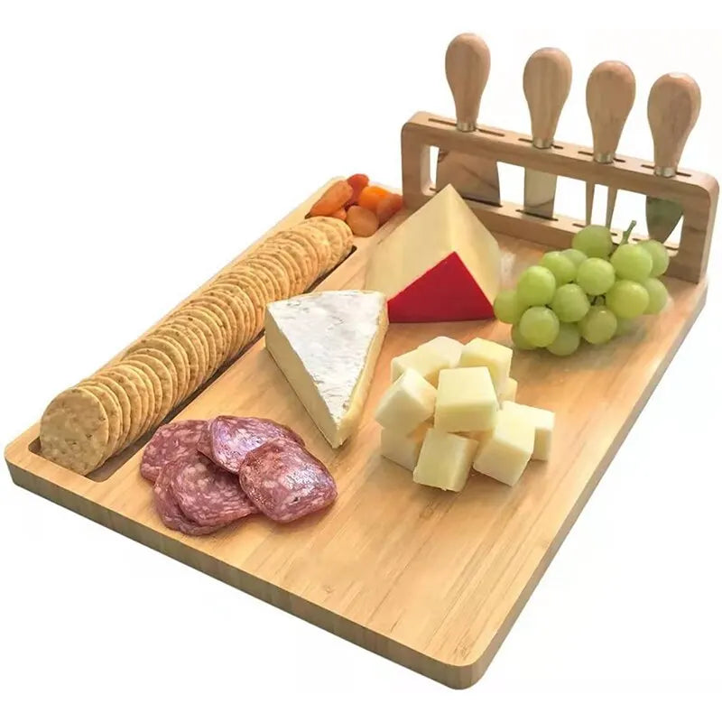 Bamboo Cheese Board Set with Square Wooden Board, Knife Holder, 4 Stainless Steel Knives, Dessert Plate acacuss