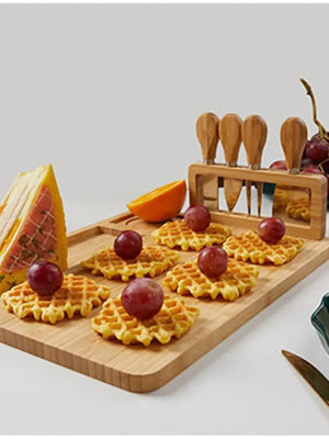 Bamboo Cheese Board Set with Square Wooden Board, Knife Holder, 4 Stainless Steel Knives, Dessert Plate acacuss