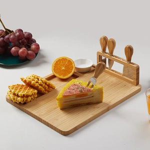Bamboo Cheese Board Set with Square Wooden Board, Knife Holder, 4 Stainless Steel Knives, Dessert Plate acacuss