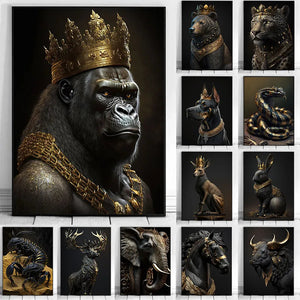 Black And Gold King Animals Monkey Bee Snake Scorpion Lion Canvas Painting Crown Poster Print For Living Room Home Decoration acacuss