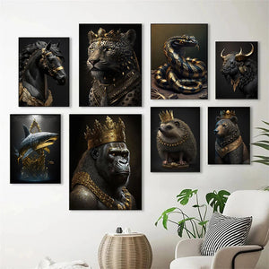 Black And Gold King Animals Monkey Bee Snake Scorpion Lion Canvas Painting Crown Poster Print For Living Room Home Decoration acacuss